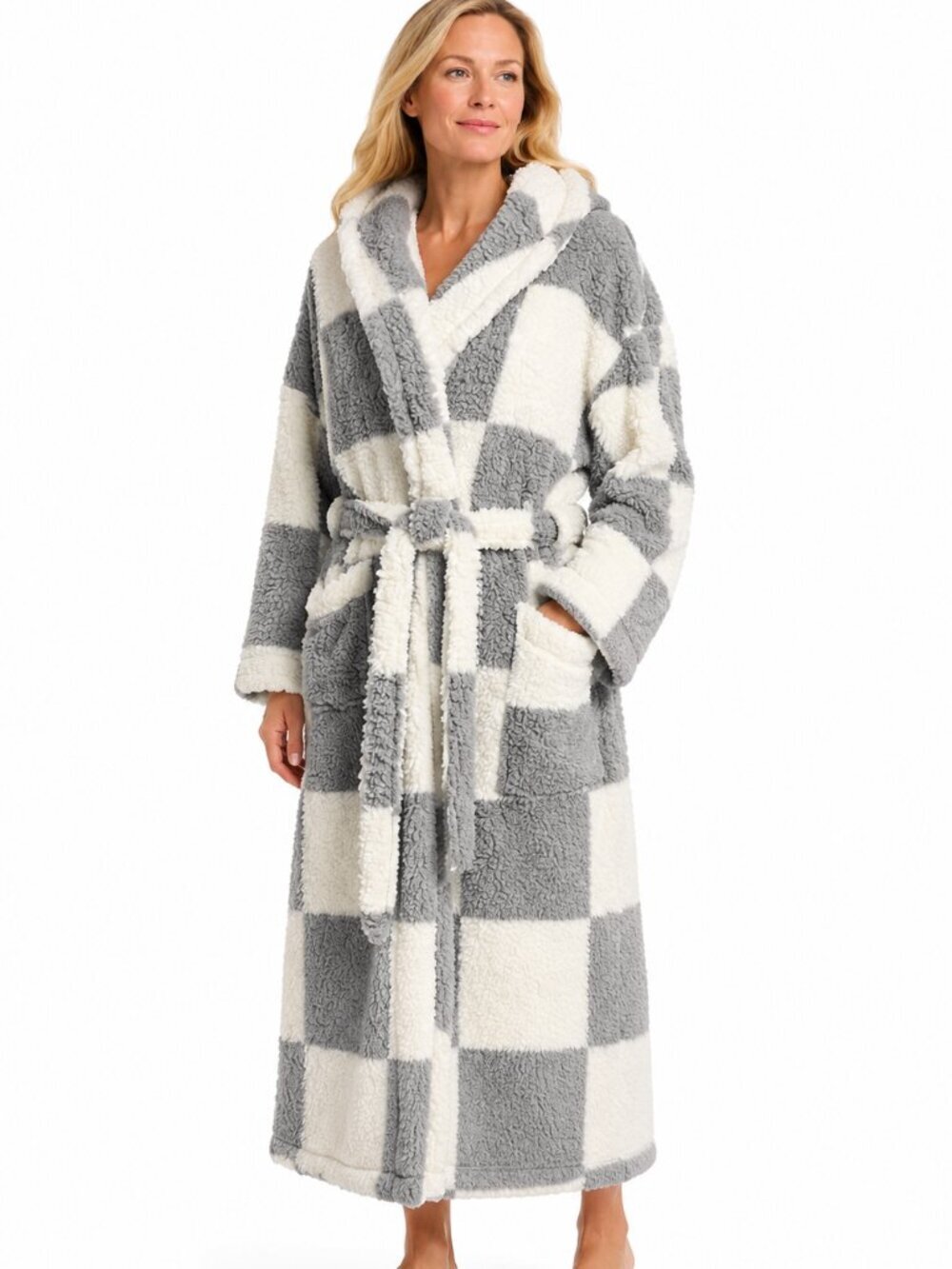 Sanctuary Gray White Buffalo Plaid Sherpa Hooded Robe L/XL NWT